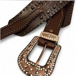 Leather Western Bling Belt Tooled Studded Crystal Wide Waist Overlay Angel Ranch